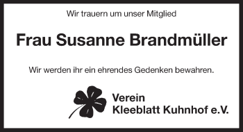 Traueranzeige von Susanne Brandmüller von Pegnitz-Zeitung